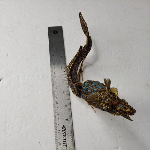 Vintage Asian Gemstone Inlaid Brass Filigree Dragon Sculpture, Himalayan Folk... - Picture 11 of 12